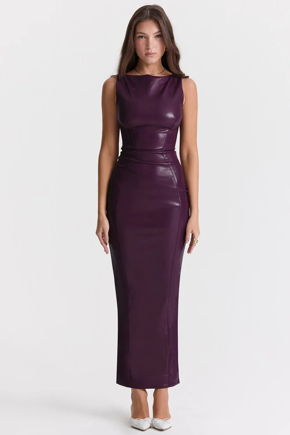 Elegant Merlot Faux Leather Corset Maxi Dress